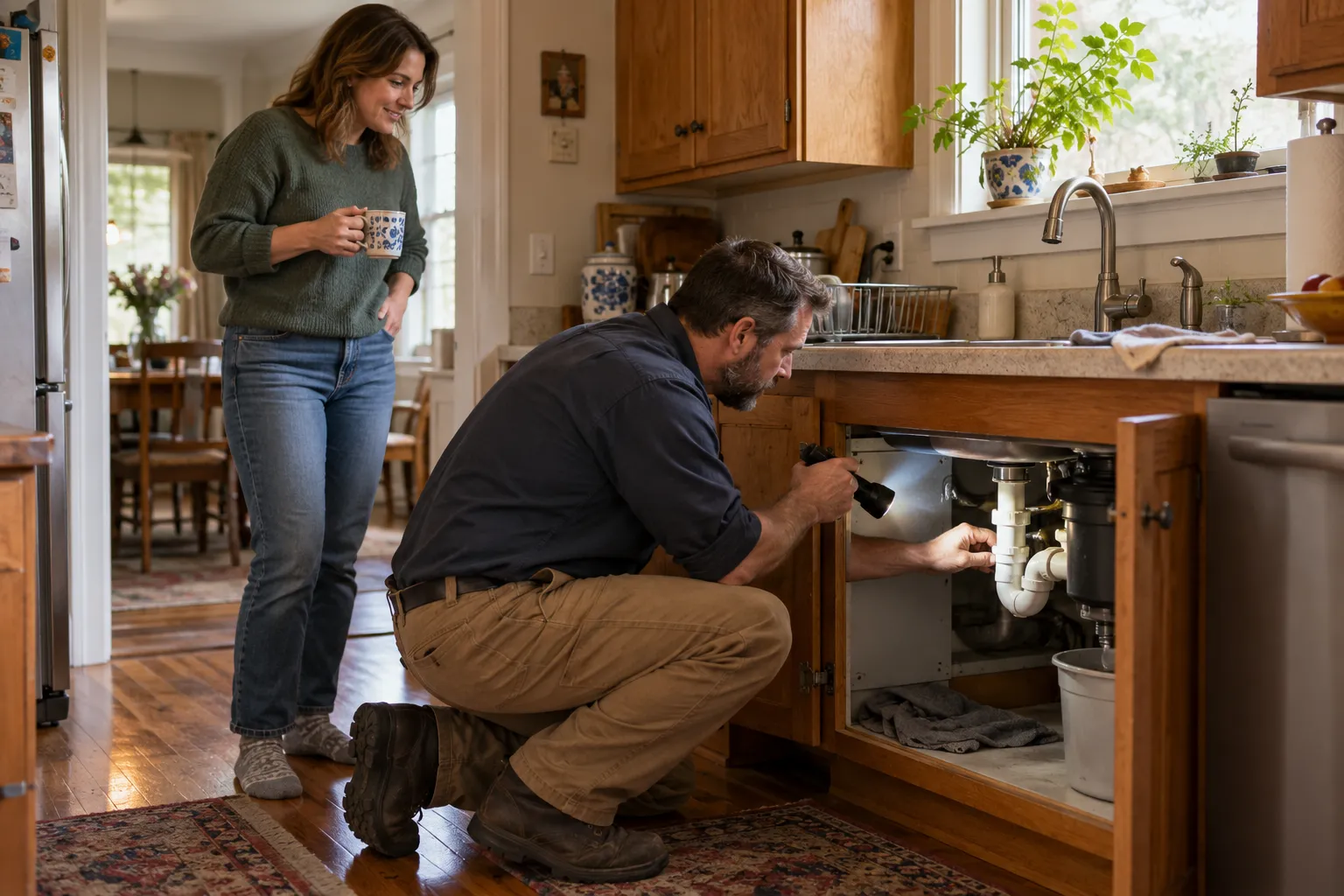 A calm provider checking a kitchen pipe for a homeowner in Peapack and Gladstone